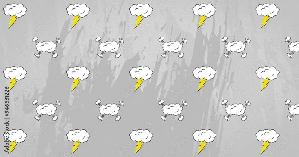 Poster clouds with lightning and rain animation over gray background