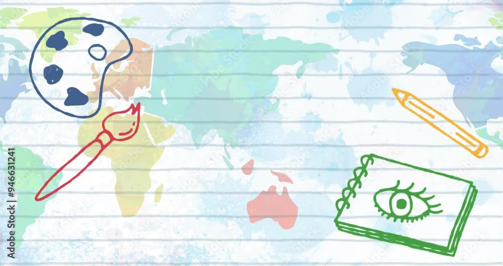 Poster hand-drawn globe and notebook animation over world map background
