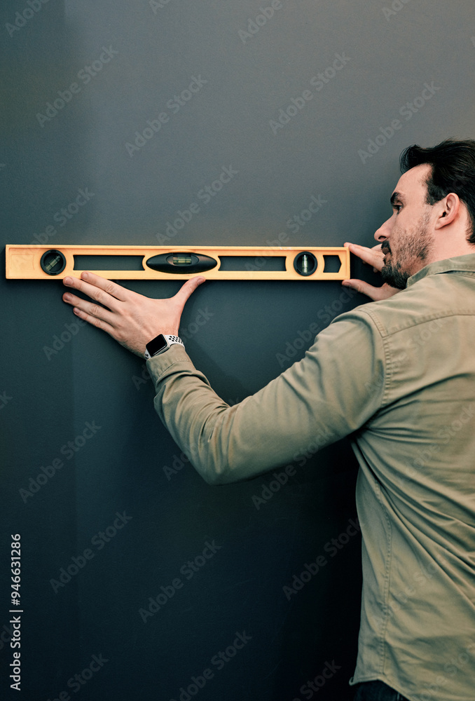 Poster man, architect and spirit level on wall by mock up space for interior design, property and inspectio