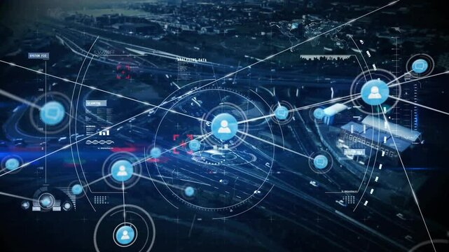 Network of connections and data processing animation over aerial cityscape