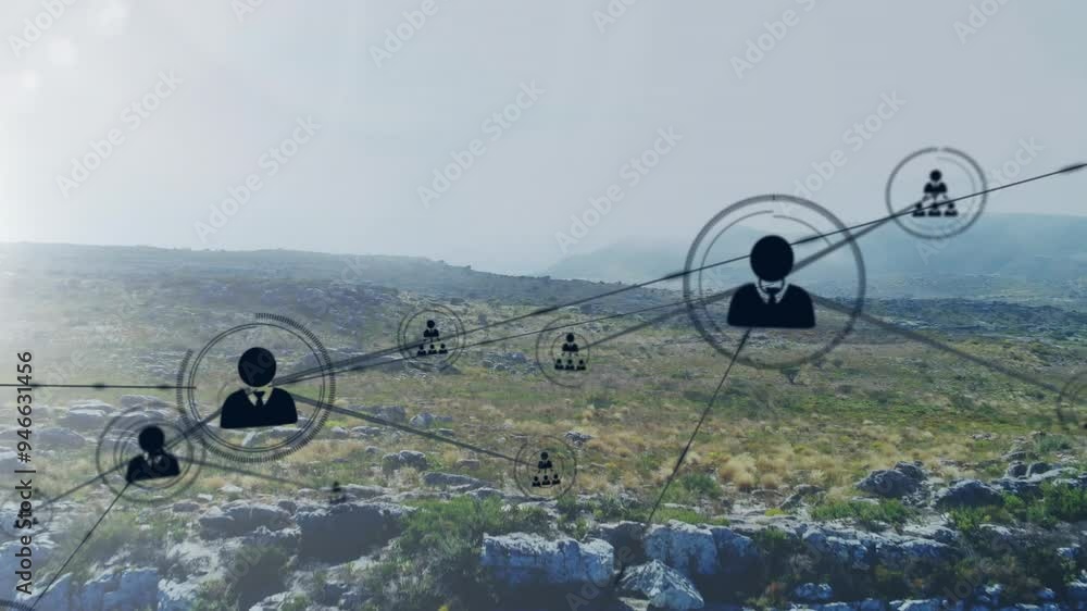 Poster network of connections and data processing animation over rocky landscape