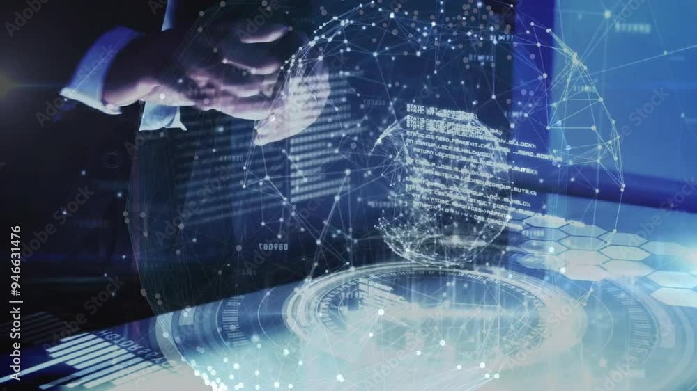 Poster Holographic globe and network connections animation over person using touchscreen device
