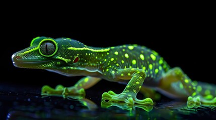 Obraz premium Neon Green Gecko Crawling on Wall with Luminous Skin and Intricate Patterns against Black Background