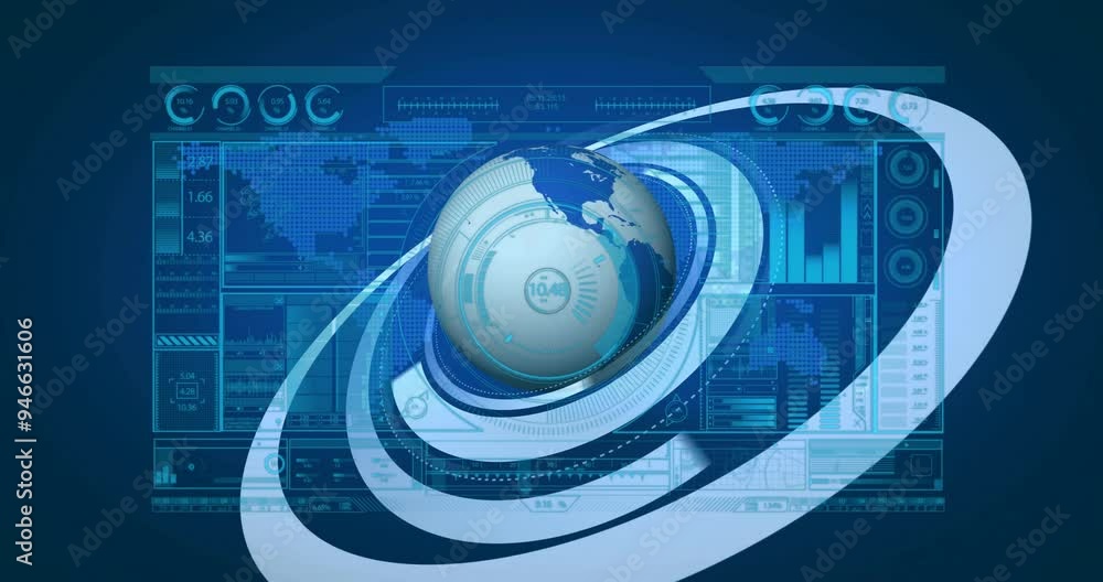 Poster rotating globe and data charts, futuristic technology interface animation