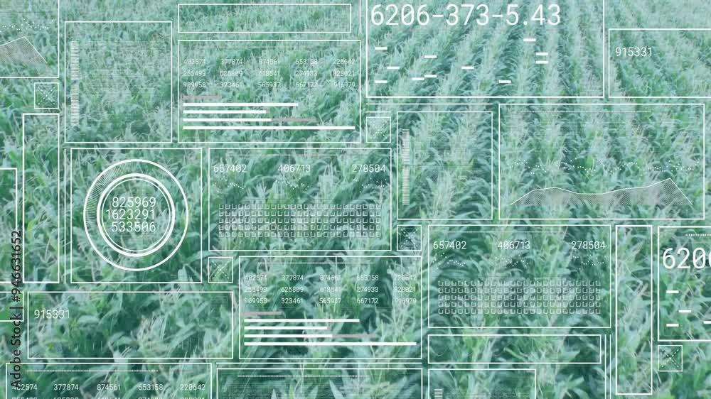 Poster digital data processing animation over aerial view of cornfield