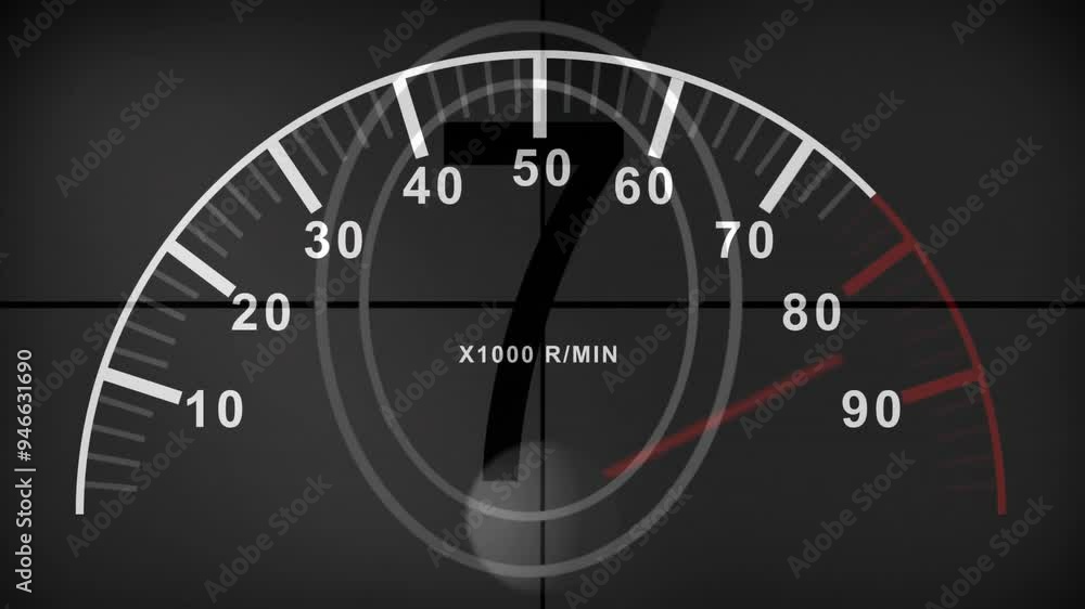 Poster tachometer animation displaying rpm levels from 0 to 90 over dark background