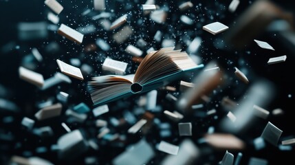 This image features an open book with pages flying around in mid-air, symbolizing knowledge, freedom of thought, and the spread of information in a dreamlike atmosphere.