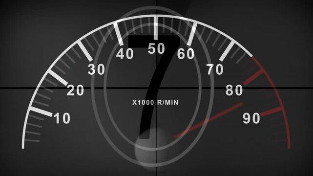 Tachometer animation displaying RPM levels from 0 to 90 over dark background