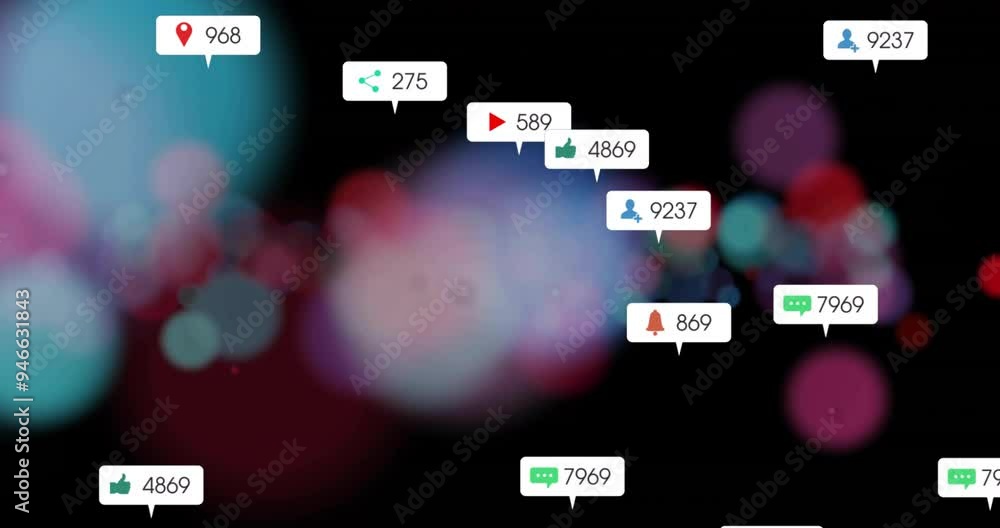 Aufkleber social media interaction icons animation over colorful bokeh background