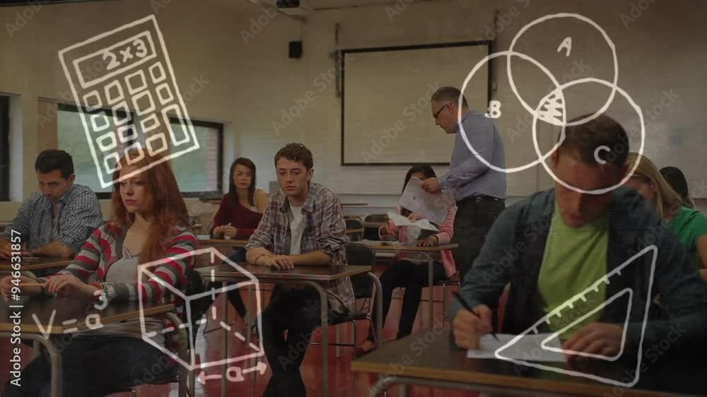Poster mathematical equations and diagrams animation over students studying in classroom
