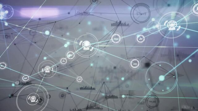 Network connections and data processing animation over technical diagrams and charts
