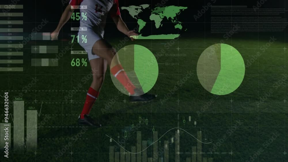 Poster soccer player kicking ball with data analytics animation over world map and charts