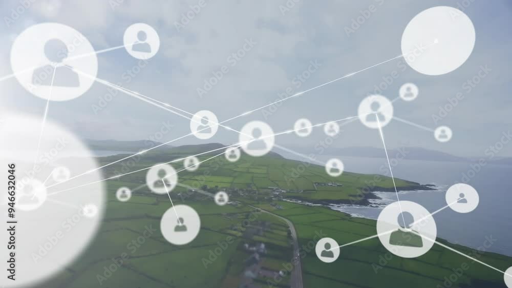 Poster network of connections and data processing animation over coastal landscape