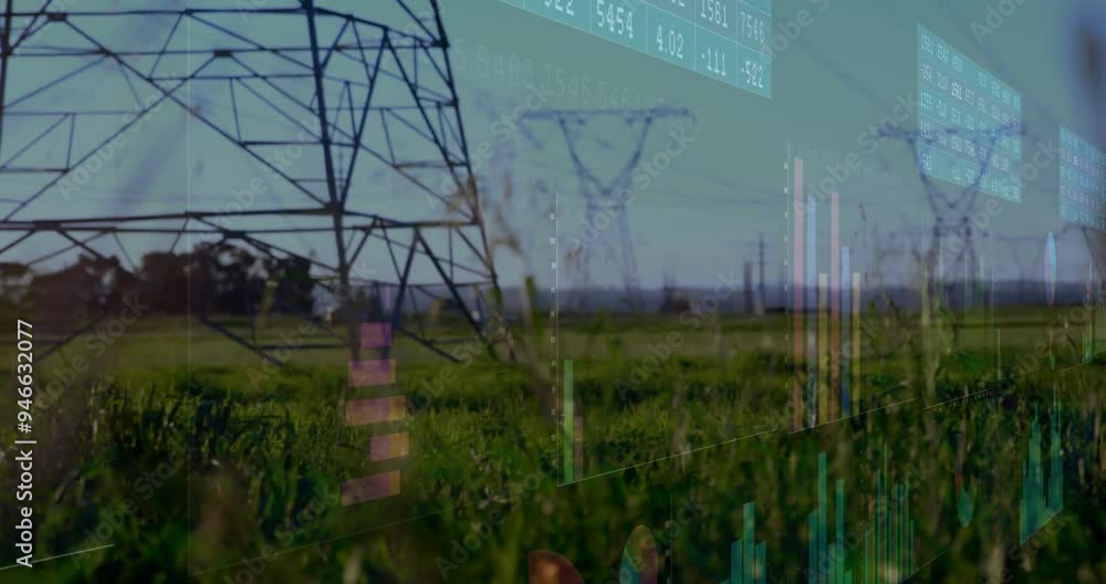 Poster power lines and electricity pylons over data analytics animation in rural area