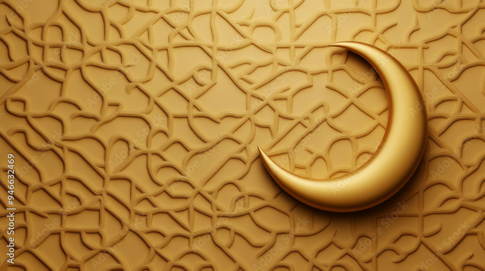 Wall mural a vibrant golden background with delicate geometric islamic patterns surrounding a glowing crescent 