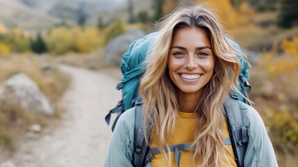 A happy female hiker with a bright smile, wearing a grey jacket, stands on a mountain trail, radiating positivity and a sense of adventure surrounded by scenic beauty.