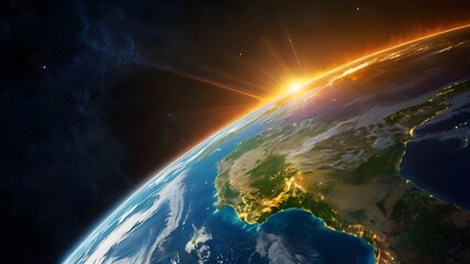 Fototapeta premium Vivid Depiction of Sun's Energy Streaming Towards Earth Across the Expansive Dark Space