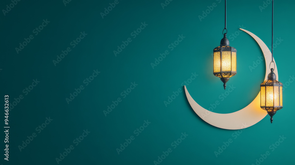 Poster abstract crescent moon formed by glowing lanterns and stars vibrant teal background with soft light 