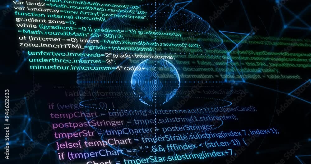 Poster programming code animating over digital globe on dark background