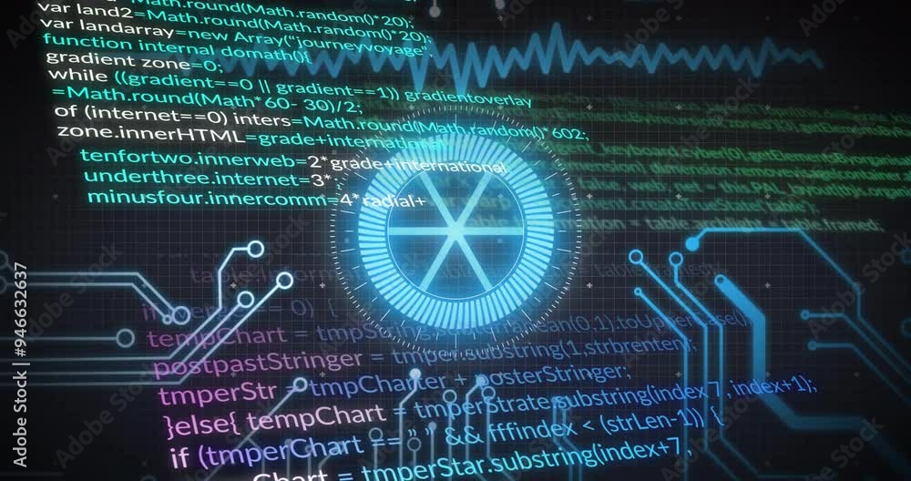 Poster Animating programming code and digital circuits over futuristic blue interface symbols