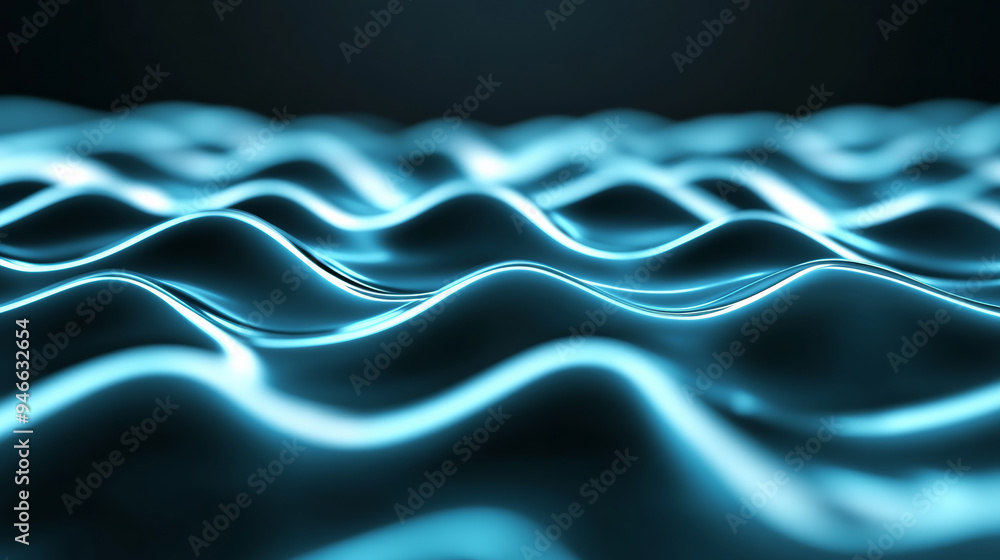 Poster abstract electric wave pattern in neon blue on a gradient background transitioning from light silver