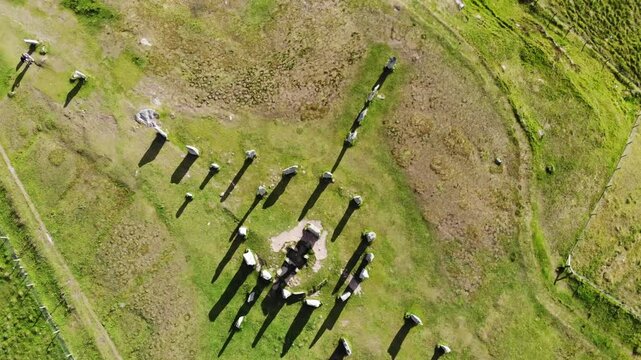 Stone circle from the Stone Age filmed from above. These standing stones are located in the Outer Hebrides of Lewis - Scotland.