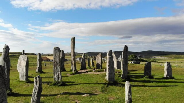 Stone circle from the Stone Age filmed from above. These standing stones are located in the Outer Hebrides of Lewis - Scotland.