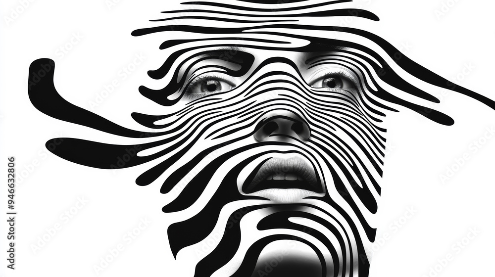 Poster abstract face with swirling chaotic lines and distorted features representing anxiety and psychologi