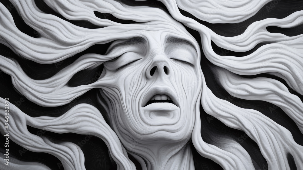 Poster abstract face with swirling chaotic lines and distorted features representing anxiety and psychologi