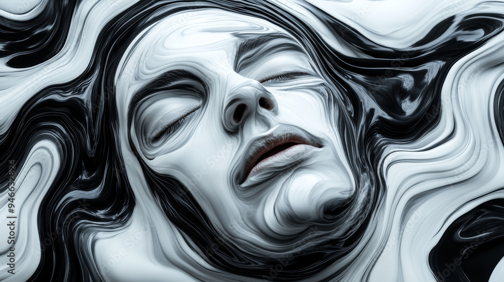 Poster abstract face with swirling chaotic lines and distorted features representing anxiety and psychologi