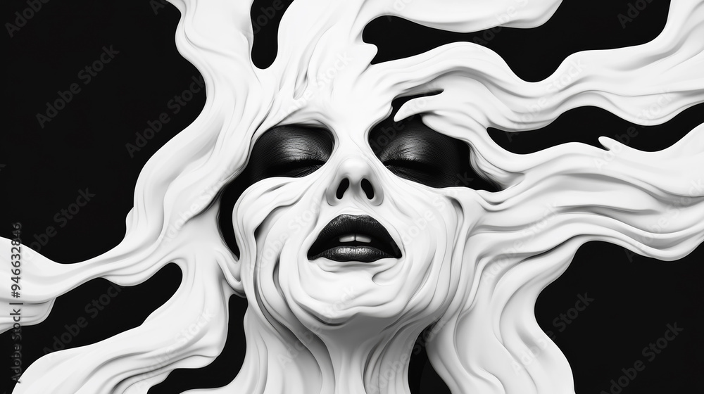Poster abstract face with swirling chaotic lines and distorted features representing anxiety and psychologi
