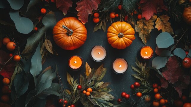 Thanksgiving setting with pumpkins, candles, and autumn leaves arranged on a dark background creating a cozy atmosphere