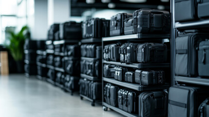 Array of professional camera gear and lighting equipment available for rent in a well-organized space sleek metal cases high-end technology tools ready for use 