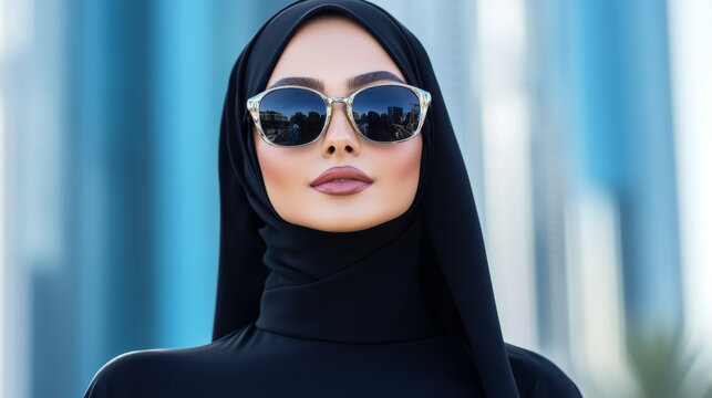 Arabian woman in a high-fashion abaya featuring dramatic sleeves and metallic accents paired with designer sunglasses confident and glamorous style 