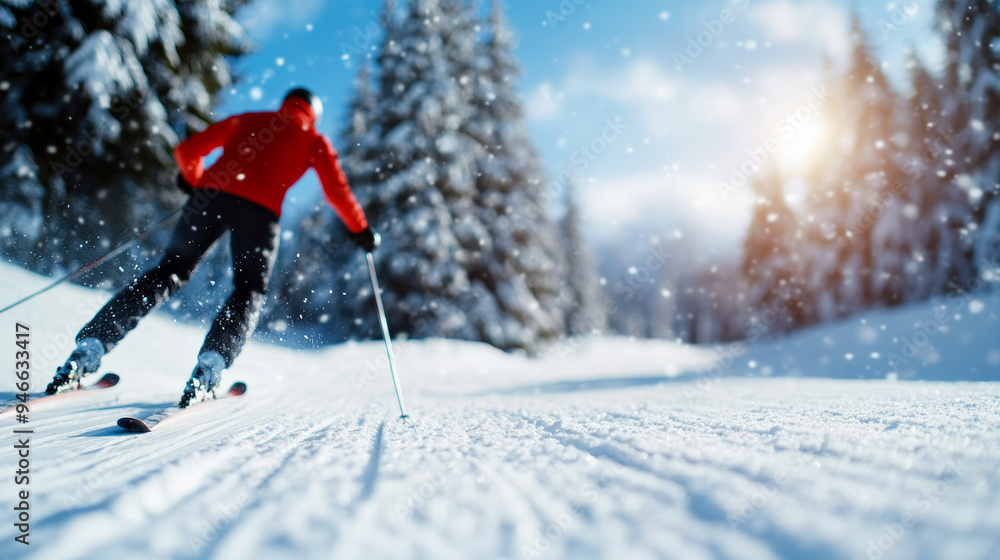 Poster biathlete transitioning from skiing to shooting smooth motion vibrant snowy forest in the background