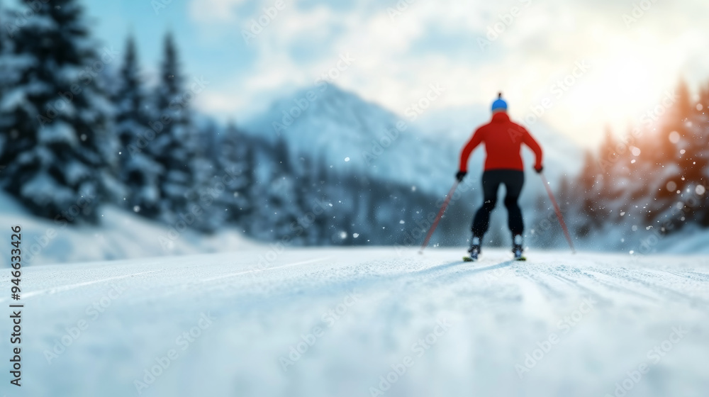 Aufkleber biathlete transitioning from skiing to shooting smooth motion vibrant snowy forest in the background