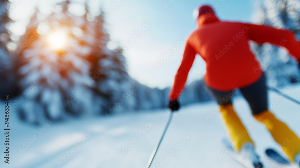 Aufkleber biathlete transitioning from skiing to shooting smooth motion vibrant snowy forest in the background
