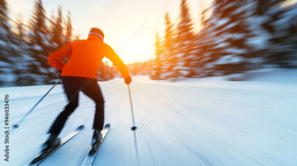 Poster biathlete transitioning from skiing to shooting smooth motion vibrant snowy forest in the background