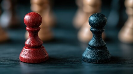 Red and black pawns face each other on a chessboard, representing opposition and strategic decision making on a dark textured surface, with a blurred background.