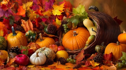 A cornucopia spilling out pumpkins, leaves, and berries in a vibrant autumn sunset setting.