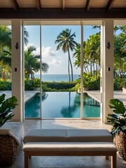 Seaside villa overlooking the ocean, featuring a private beach and lush tropical gardens for a coastal getaway