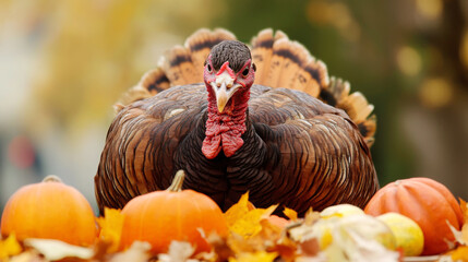 A majestic wild turkey standing among fallen autumn leaves, bathed in warm, golden light, capturing the essence of the fall season