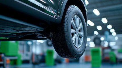 Car raised on a hydraulic lift in a garage while a wheel is being changed gradient background blending from light gray to deep green smooth and efficient process ideal for auto repair promotions 