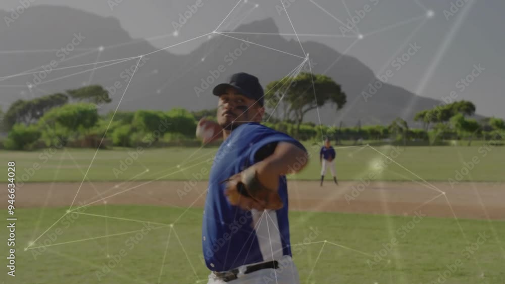 Poster baseball player pitching on field with network connections animation over scene