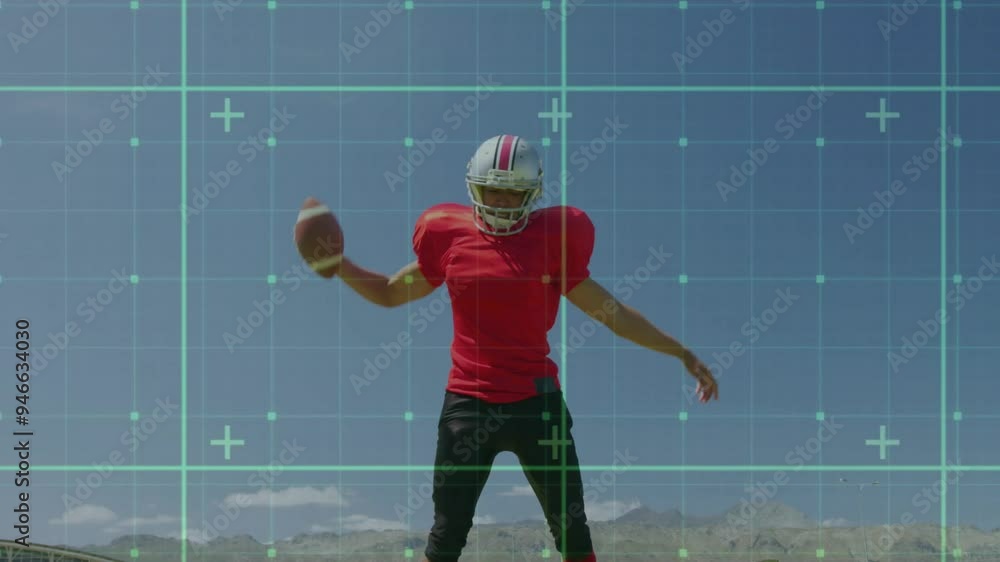 Poster football player preparing to sprint over grid lines animation