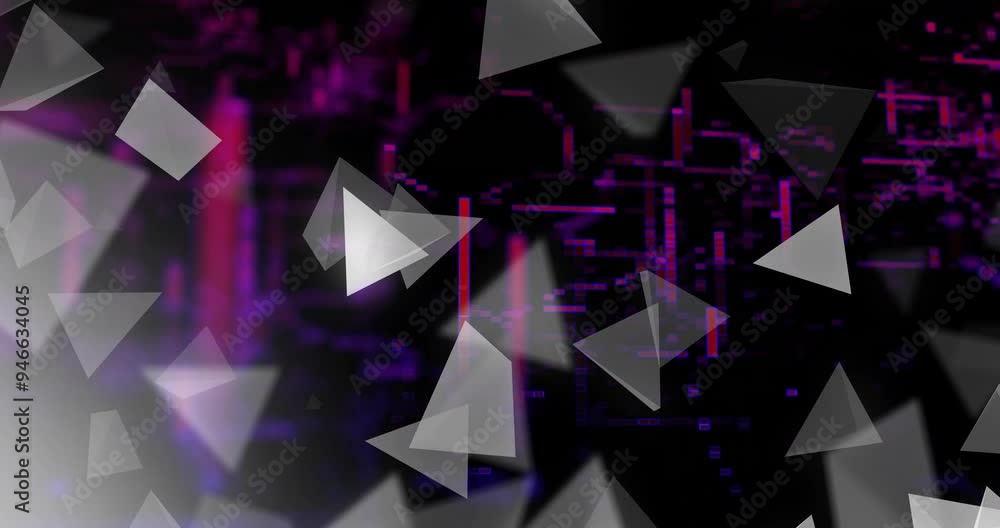 Poster geometric shapes and digital data processing animation over dark background