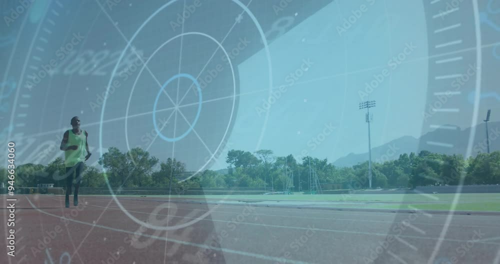 Poster running athlete on track with speed and performance data animation overlaid