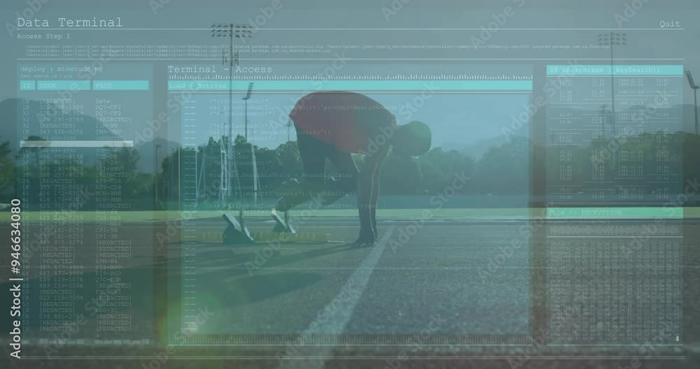 Poster data terminal access animation over athlete preparing to start on running track