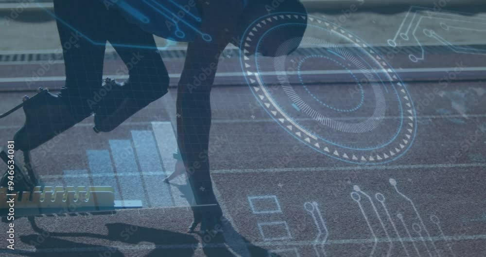 Poster runner on track with digital data processing animation overlaid