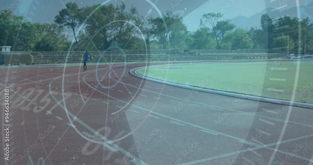 Poster runner on track with speedometer animation over athletic field background